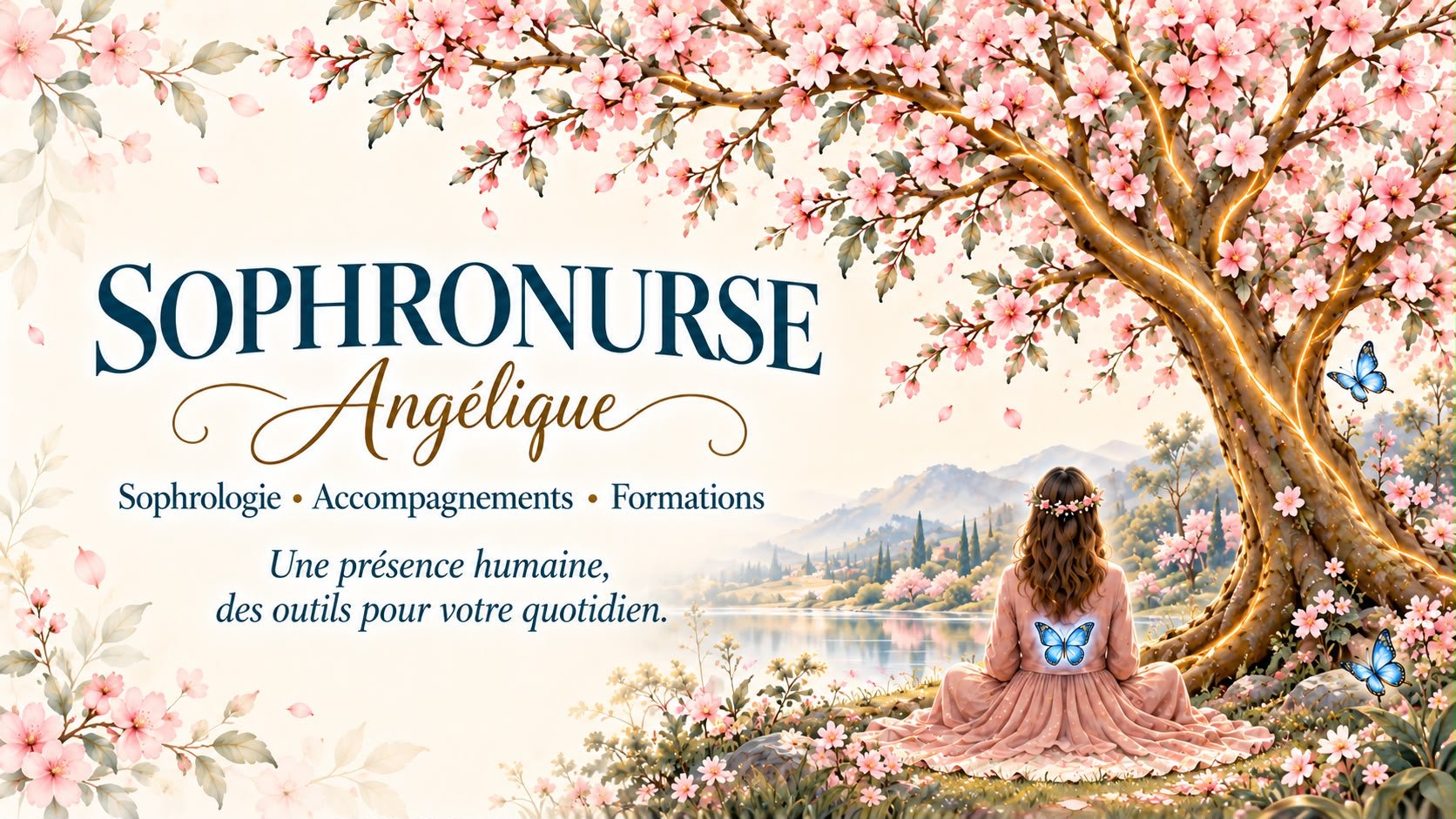 SophroNurse Angélique — cerisier en fleurs, femme assise avec un papillon lumineux