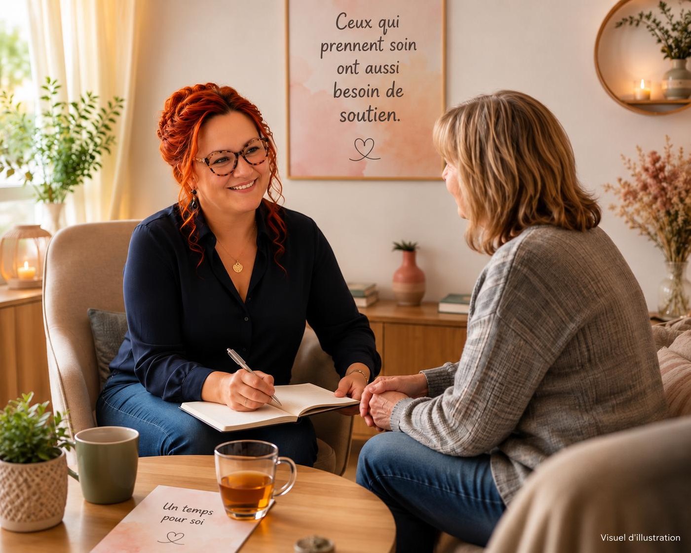 Scène d'accompagnement : une sophrologue reçoit une personne dans un cadre chaleureux, avec en fond le message « Ceux qui prennent soin ont aussi besoin de soutien »