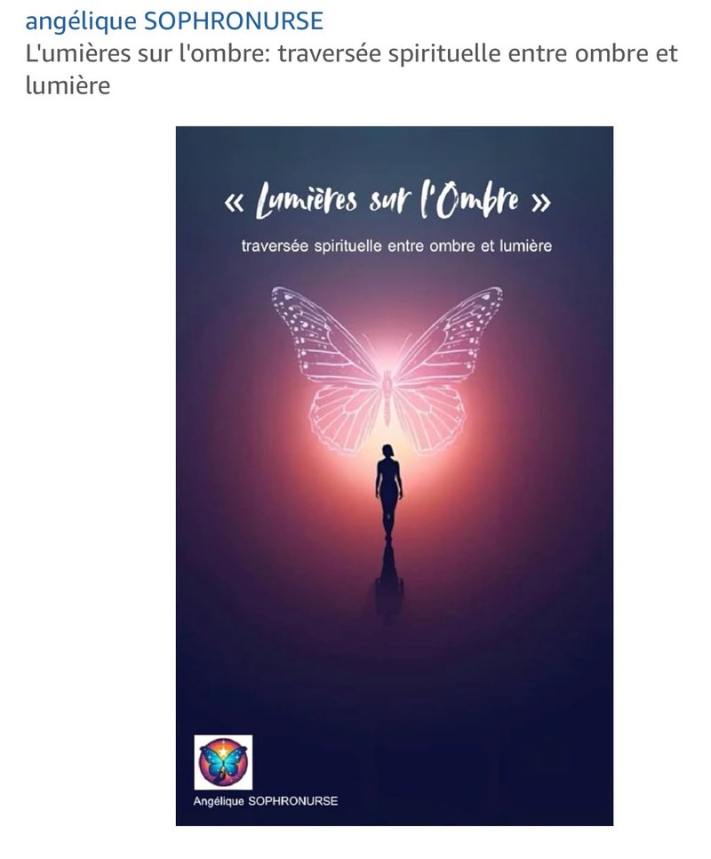 Couverture du livre Lumières sur l'Ombre d'Angélique Hoellard : silhouette d'une femme marchant vers la lumière, auréolée d'un papillon lumineux rose