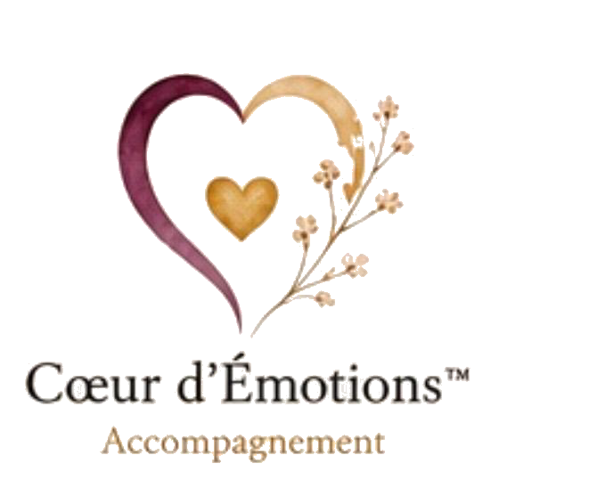 Logo Cœur d'Émotions™ Accompagnement : cœur en aquarelle burgundy et doré, branche fleurie